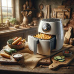 Analoge Heißluftfritteuse weiß auf Küchenplatte offen mit Pommes und Gemüse