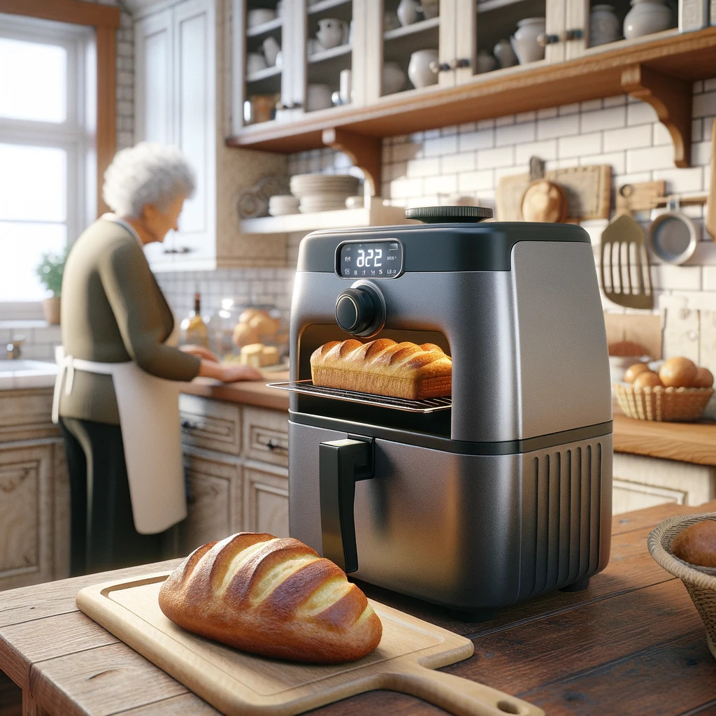 Digitale Heißluftfritteuse mit Brot und alter Frau