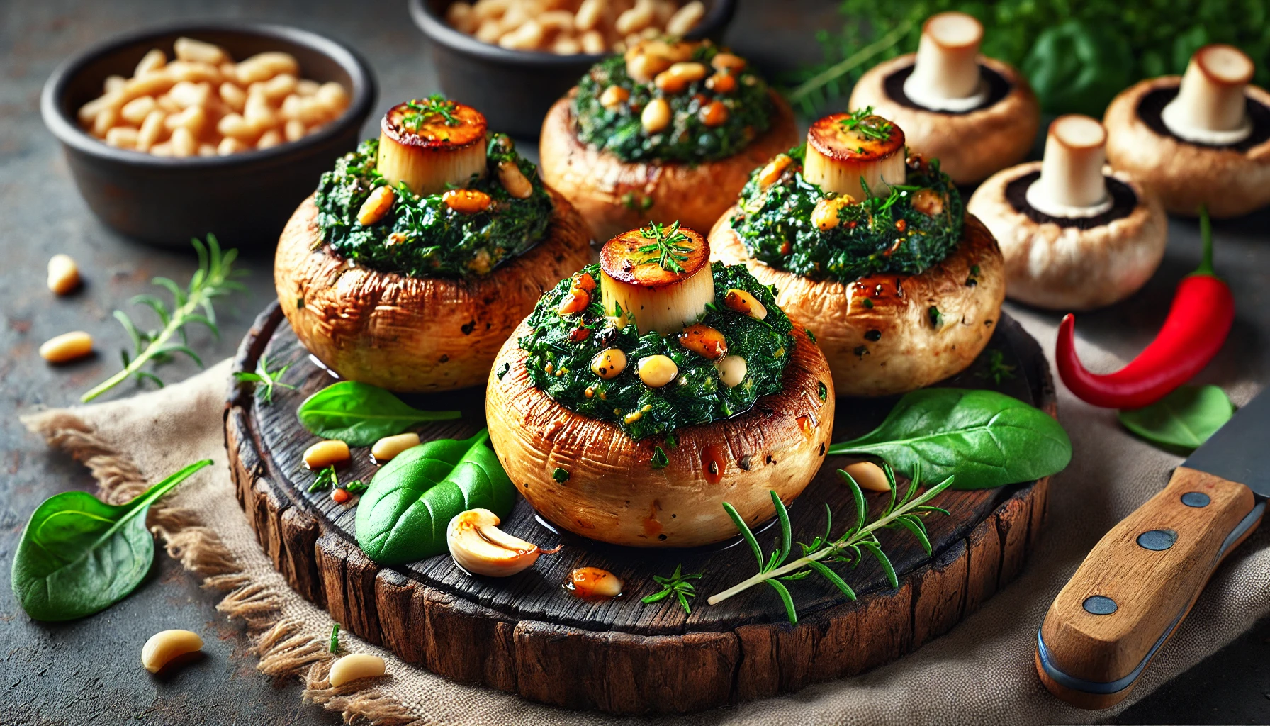 Gefüllte Champignons mit Spinat und Pinienkernen