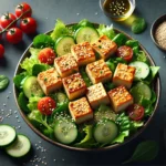 Salat mit gebackenen Tofu-Würfeln und Sesam