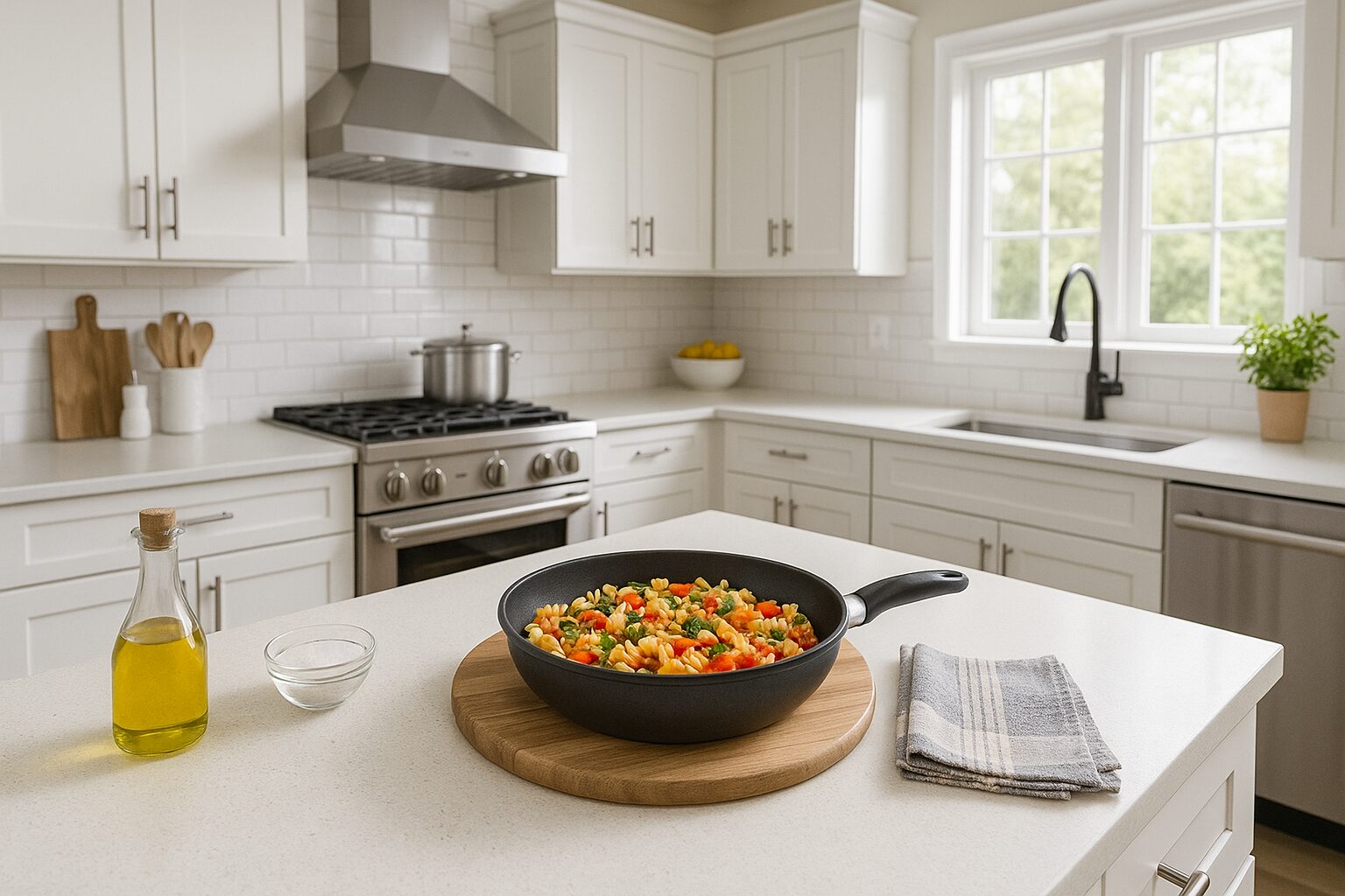 Eine moderne Küche mit einer Paella-Pfanne im Vordergrund